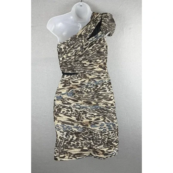 Vintage Y2K Cache BodyCon Sz 2  Animal Print Sheath Dress Halter Sexy Ruched - Picture 2 of 8